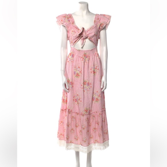 LoveShackFancy Pink Floral Gingham midi Dress Bow Cutout Cotton XL NWT - Picture 2 of 6